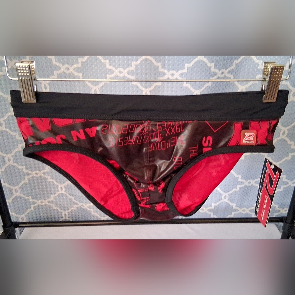 Pistol Pete Men’s Bikini Swim Brief – Small – Red/Black Graphic Low-Rise Nylon S